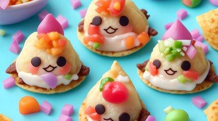 Funny tacos with funny faces on color background, closeupの素材