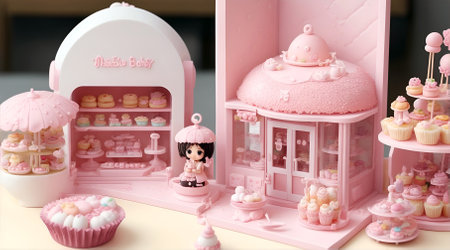 Birthday cupcakes and cake stand in pink color with cute dollの素材