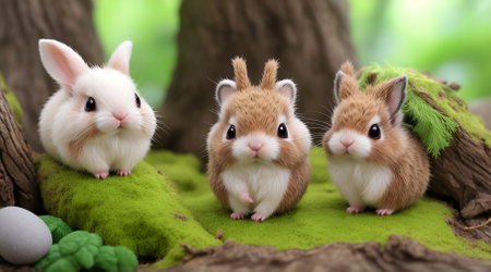 Rabbits with easter eggs in green nature background, closeupの素材