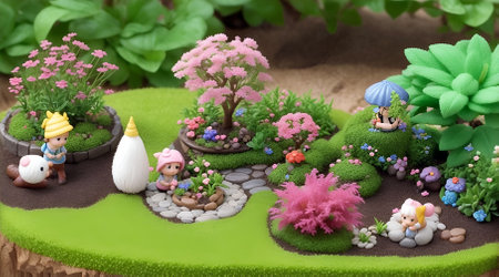 Miniature garden in the form of a flower with a dollの素材
