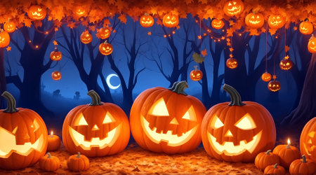 Halloween background with pumpkins in the forest.の素材