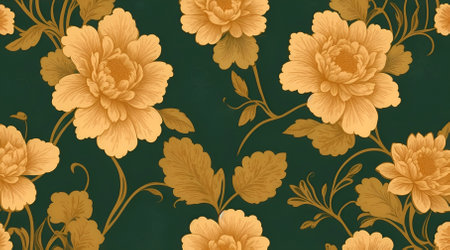 floral pattern with yellow flowers on a dark green backgroundの素材