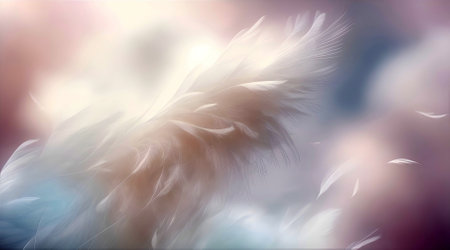 Feathers on a soft light background. Soft pastel colorsの素材