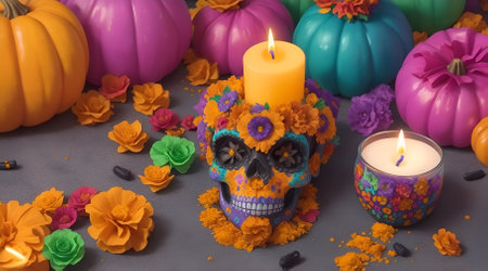 Day of the dead sugar skull with colorful pumpkins and burning candlesの素材