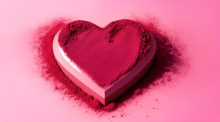 Pink heart with red powder on pink background. Valentines day conceptの素材