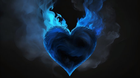 Blue heart with smoke on a black background.の素材
