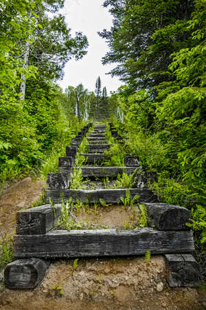 Wooden staircase near Magpie Falls in Wawa.の写真素材