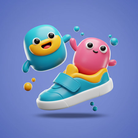 Cute penguin and baby boy in blue sneakers. Vector illustration.