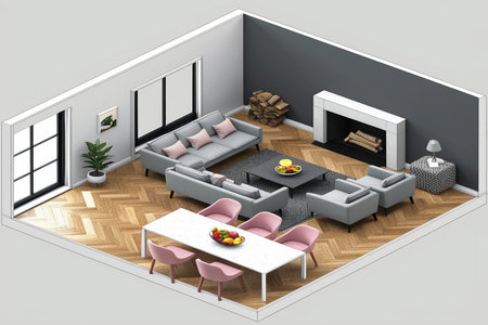 interior of the living room isometric view (3d render)の写真素材