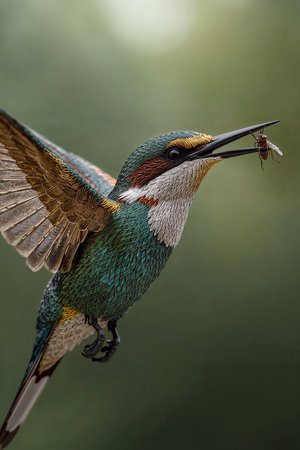Close-up portrait of a colorful bee-eater (Merops apiaster) in flight