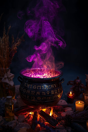 Witchcraft pot with potion on dark background. Halloween concept.