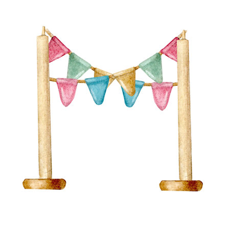 Colorful flags on poles, hand-drawn in watercolor on an isolated white background, are suitable for creating compositions, decorating postcards, invitations, and organizing holidays and contestsの写真素材