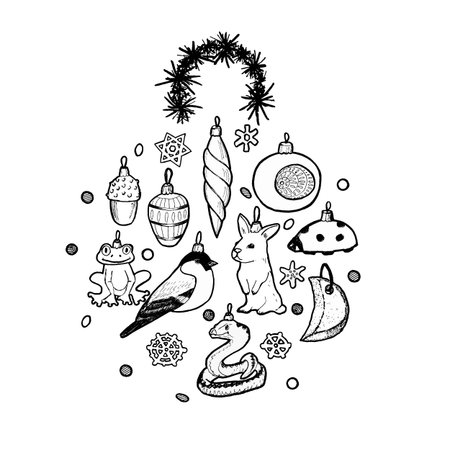 ? composition of Christmas tree decorations in the shape of a ball - icicle, acorn, bullfinch, snake, bunny, ladybug, snowflakes, hand-drawn in graphic form on an isolated background.の写真素材