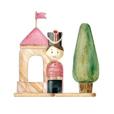 A guardhouse with a tree made of wooden blocks for children with a soldier doll and hand-drawn watercolors on an isolated white background, for creating decorating, invitations, packagingの写真素材