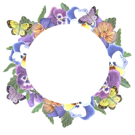 Round frame with blue, burgundy, orange pansies and butterflies hand painted in watercolor on isolated background, clip art spring botanical illustration for design cards, invitations and decorationの写真素材