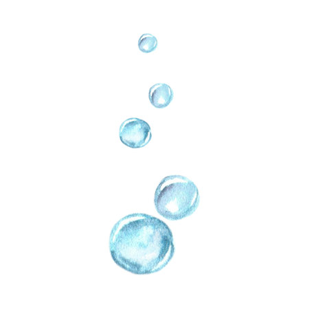 Transparent blue soap bubbles hand-drawn with watercolors on an isolated background. Simple bubble...