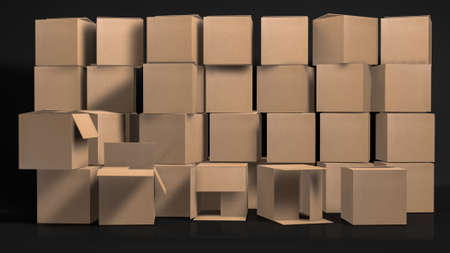 3D Rendering,Realistic cardboard box wall mock-up on the darkness for background.の写真素材