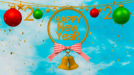 3D Rendering,Happy new year2020 greeting card, Bunch of shiny christmas balls, golden bell and...