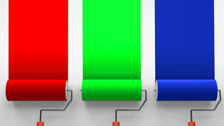3D rendering,Realistic mock-up roller painting with red, green, blue,RGB color bars concept, blank...