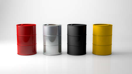 3D rendering, Realistic of oil barrels with different colors texture, standing on the white shiny...