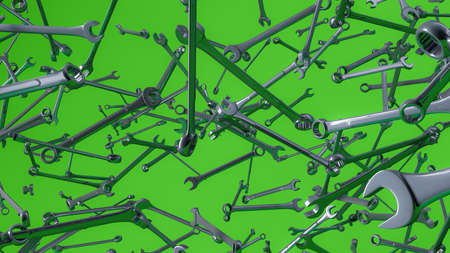 3D rendering, Abstract background with realistic wrench flying isolated green  background.