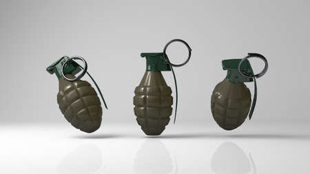 3D rendering, Mock up of three grenades on different side, with shiny reflection background.の写真素材