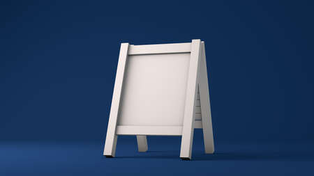 Close up of white wooden sign standing mock up, 3d rendering, blank empty space for copy, dark blue background.の写真素材