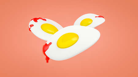 Close up of realistic three fried eggs with tomato sauce drop, 3d rendering, isolated on orange...