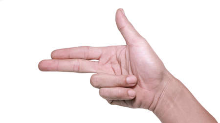 Close up of male hand on gun gesture action, isolated white background.
