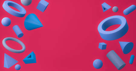 3d rendering, Realistic mock up abstract geometric different shape, sphere ,cubes ,torus ,pyramid ,cylinders and cones, blank empty space for copy, blue isolated red pink background.の写真素材
