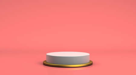 3d rendering, Realistic mock up of white and gold pedestal, geometric circle shape, red and pink color background, product presentation display design concept.の写真素材
