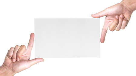 Hands gestures the frame with white empty paper blank for your copy or design, isolated on white...
