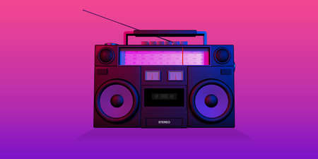 3d rendering, Realistic mock up of retro radio with antenna up, Close up of front view shot, pink...