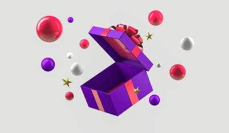 3D rendering, Close up mock up of purple gift box opening and pink ribbon, colorful balls and stars...