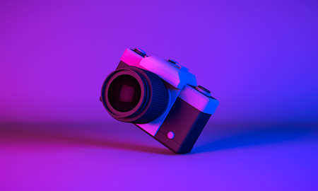 3D Rendering, Realistic mock up 
tilted vintage camera in neon blue purple colors lighting and background.の写真素材