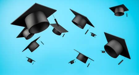 3d rendering, Bachelor caps, high school, university, and graduation celebrate mock up flying in the blue sky color background.の写真素材