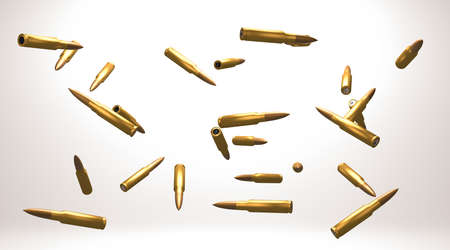 3D rendering, Close up military bullets falling in the air, white and shadow background.の写真素材