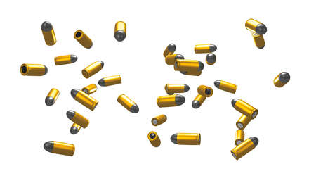 3D rendering, Close up falling bullets pistol isolated on white background.の写真素材