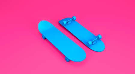 3D Rendering, Close up top and bottom side of blue skateboards on the floor, Extreme sport equipment...