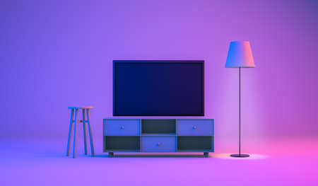 3d rendering, Scene of living room on night time with empty TV,  lamp and chair mock up, minimal style room interior design, neon lighting and color background.の写真素材