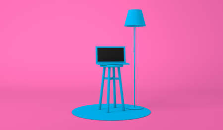 3d rendering, Realistic computer laptop on the chair and floor lamp mock up, minimal and modern style, pink color background.の写真素材