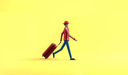 3d rendering, The red jacket man walking with red suitcase, vacation and holiday travel concept, isolated yellow background.の写真素材