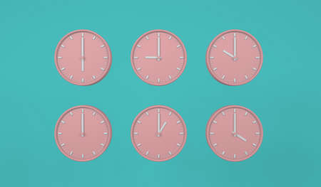 3d rendering, Close up the pastel pink clock mock up with different time, isolated on green blue...