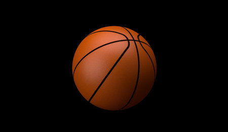 3D rendering, Close up orange basketball with black striped flying with the shadow, isolated on black background.の写真素材