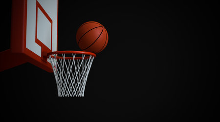 3D rendering, Close up basketball hoop and ball, side view shot, blank empty space for copy, isolated on black background.の写真素材