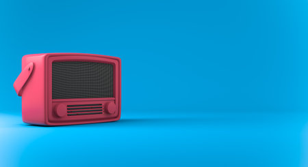 3D rendering, Mock up of pink vintage radio receiver, blank empty space for your copy or design, blue color background.の写真素材