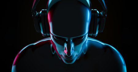 3D rendering, Close up top view Portrait futuristic cyber punk man, music cyber punk man, blue and pink neon colors glowing reflection, isolated on white background.の写真素材