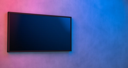3D Rendering, Realistic empty LCD Television mock up on the house wall, front-side view shot, pink and blue neon lighting.の写真素材