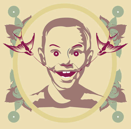 Happy voy with birds holding the mouthのイラスト素材