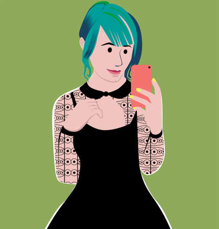 Green hair teenager taking selfie photoのイラスト素材
